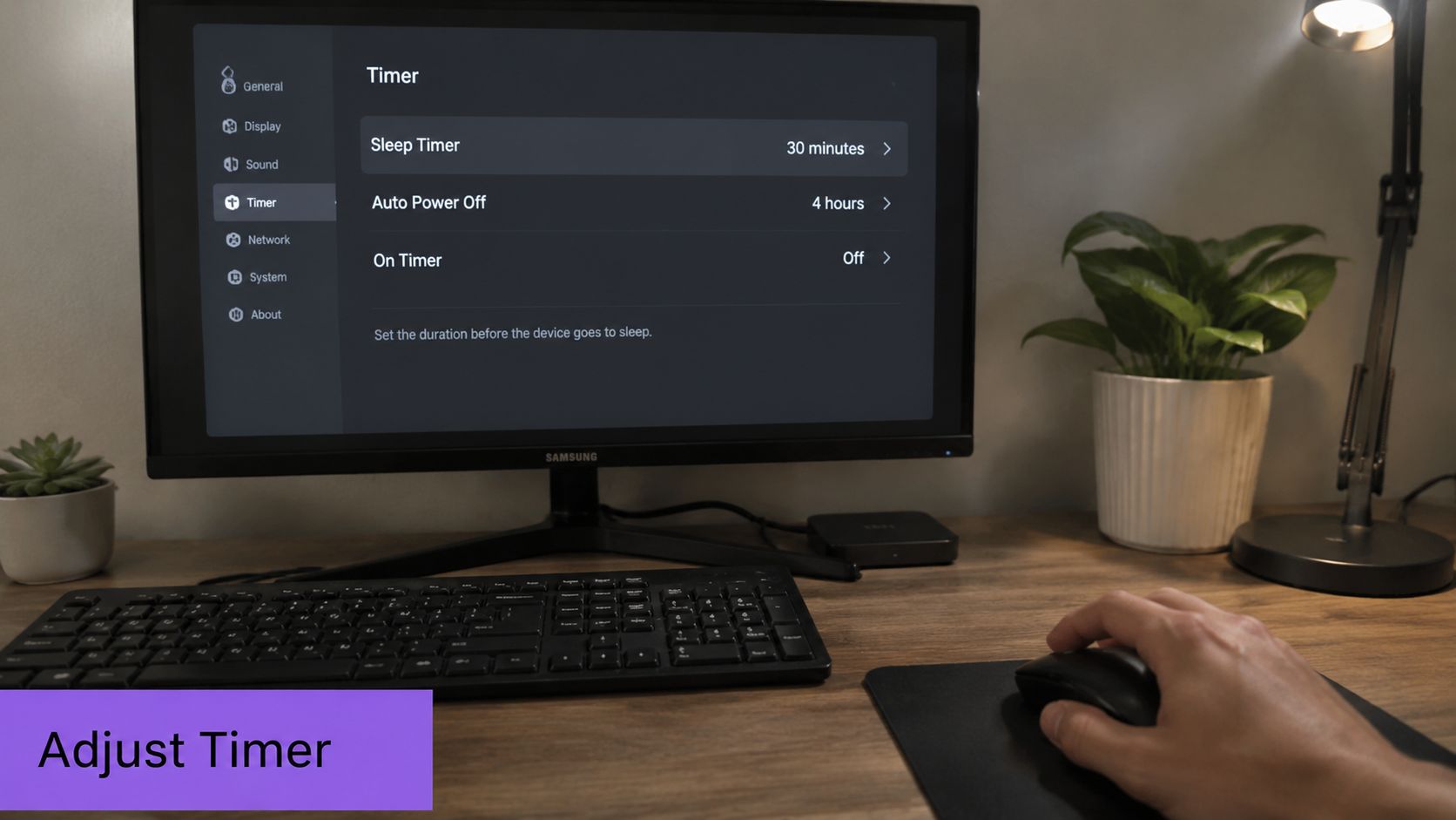 A person using a computer mouse to navigate timer settings on a Samsung monitor screen.