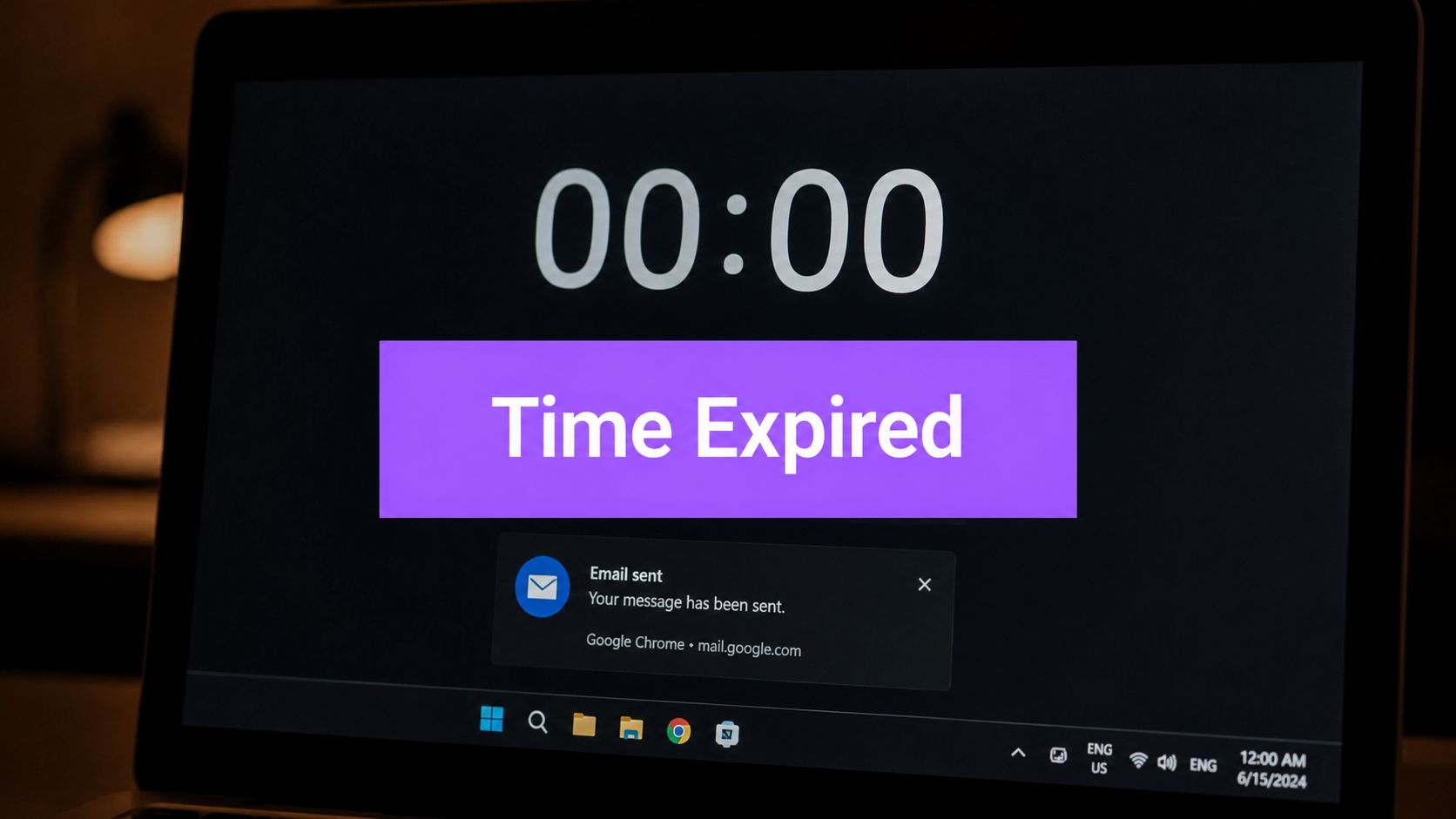 A laptop screen displaying a Time Expired timer overlaid with a Google Chrome email sent notification popup.