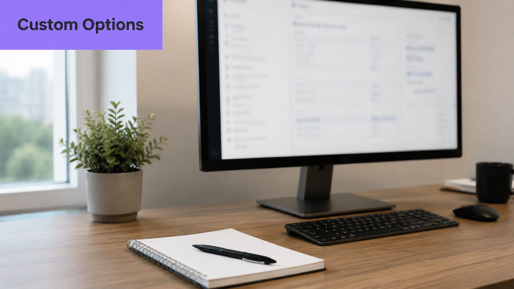 A clean desk workspace with a monitor, notepad, pen, and small potted plant near a window.