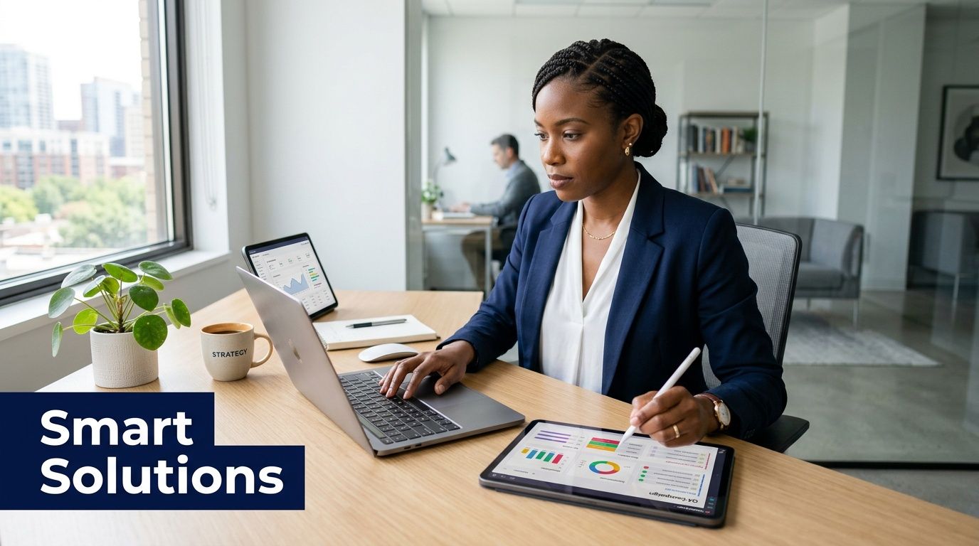 A professional woman in a suit working on a laptop and tablet in a modern office.
