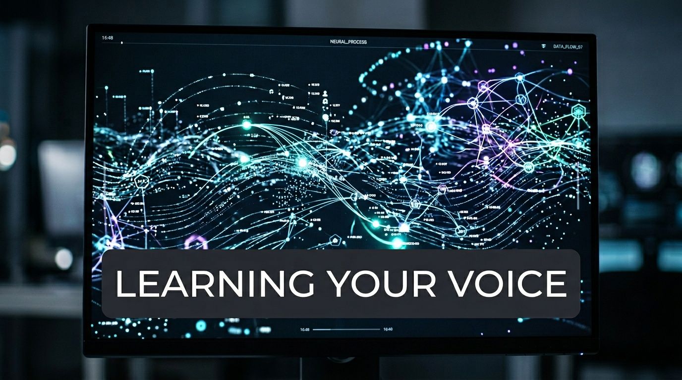 A digital computer screen displaying a complex abstract neural network visualization with the text Learning Your Voice.