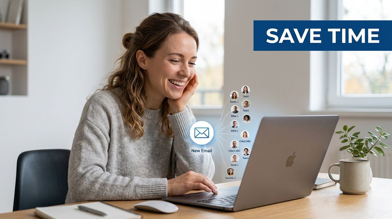 A smiling woman sitting at a desk with a laptop, managing team email communications efficiently.
