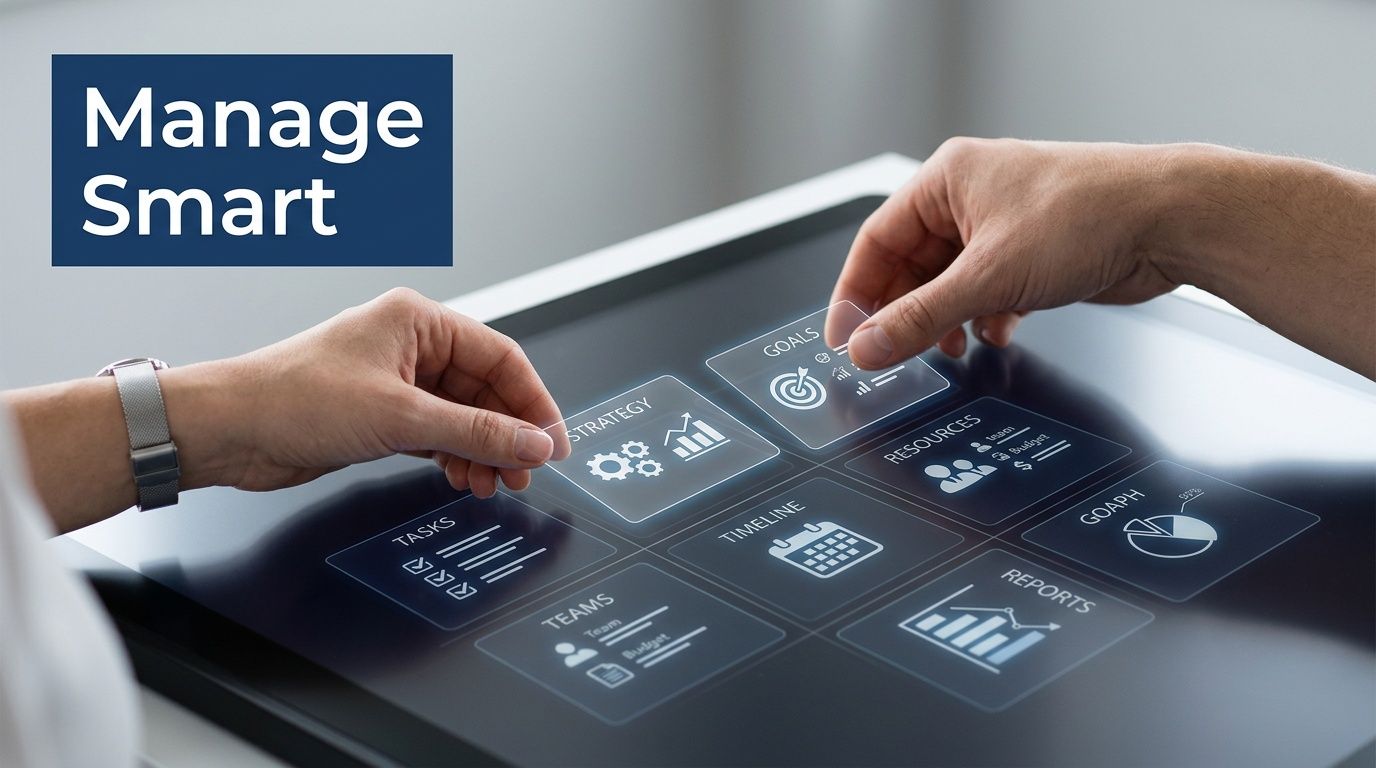 Two people working together on a digital screen displaying interactive project management icons and business strategy charts.