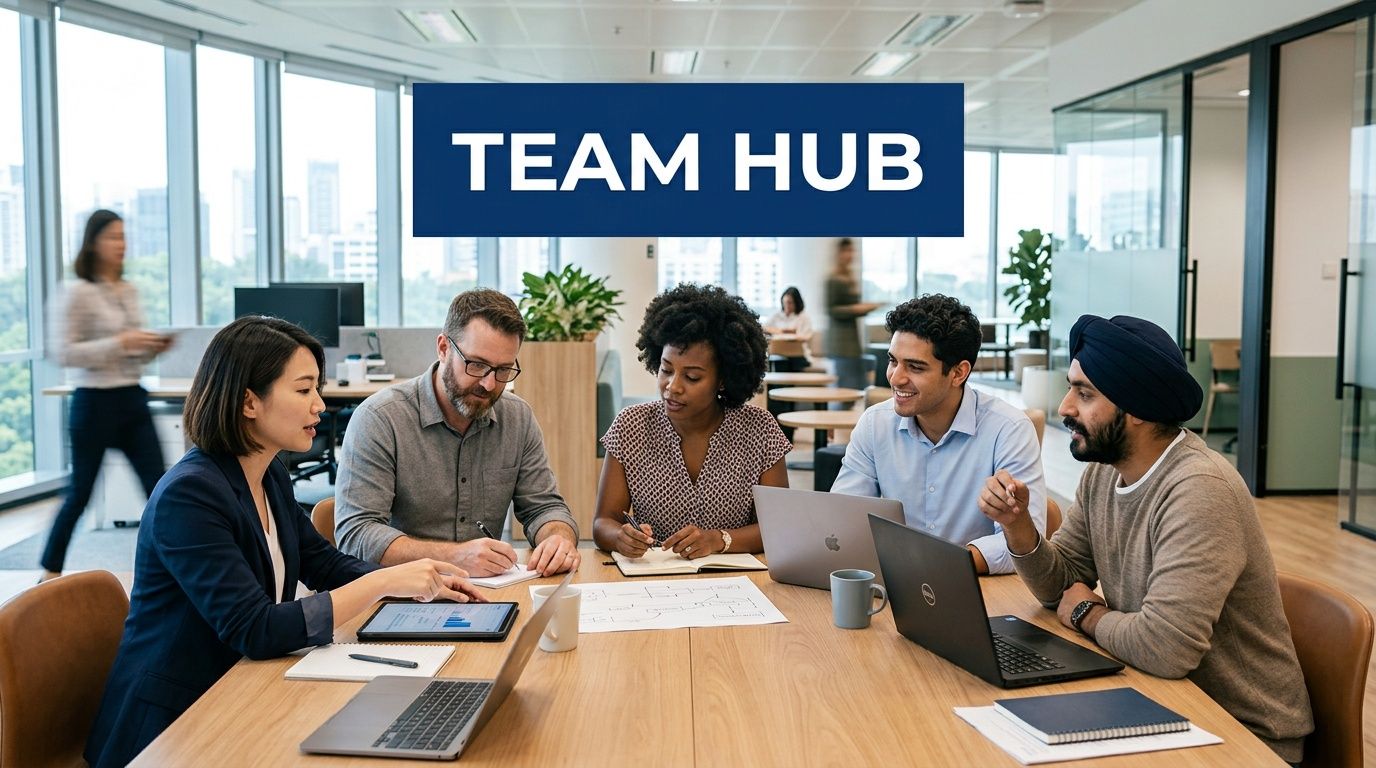 A diverse team of professionals collaborating and brainstorming ideas while working around a large conference table.