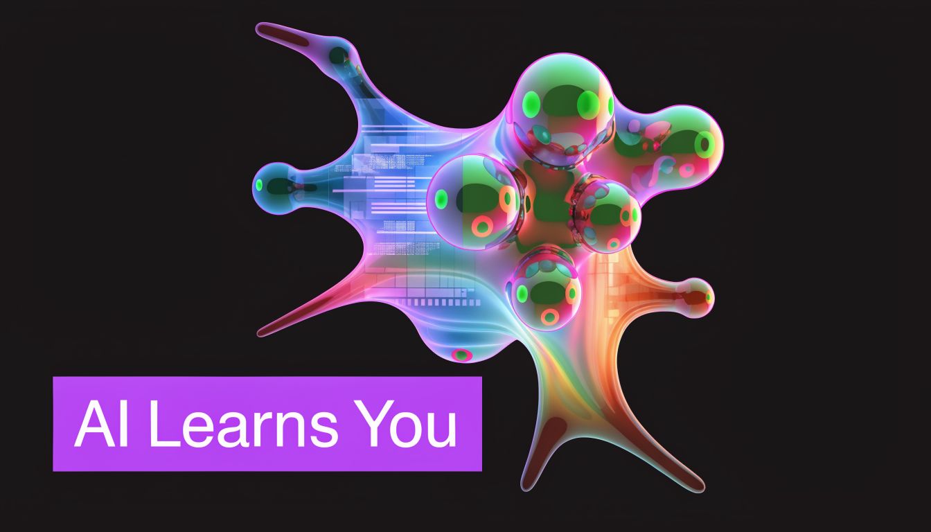 A 3D abstract cell-like structure with glowing nodes and code displays labeled AI Learns You.