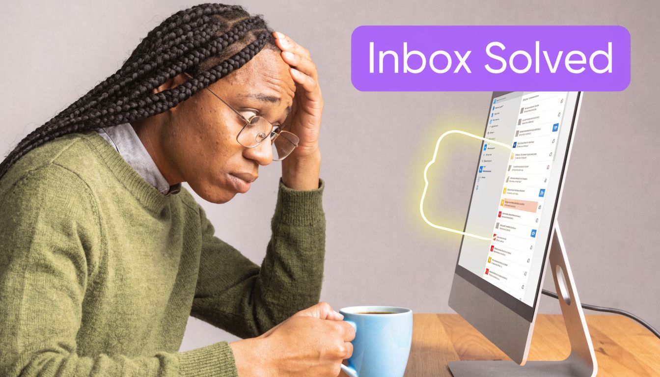 A woman looking stressed while sitting at her desk, staring at a screen displaying a cluttered email inbox.