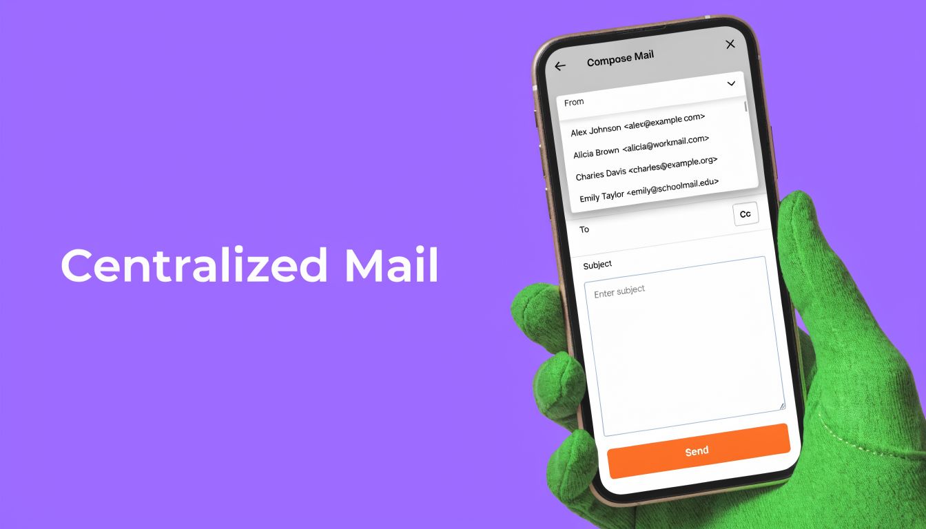 A gloved hand holding a smartphone displaying a centralized mail application interface for composing new emails.