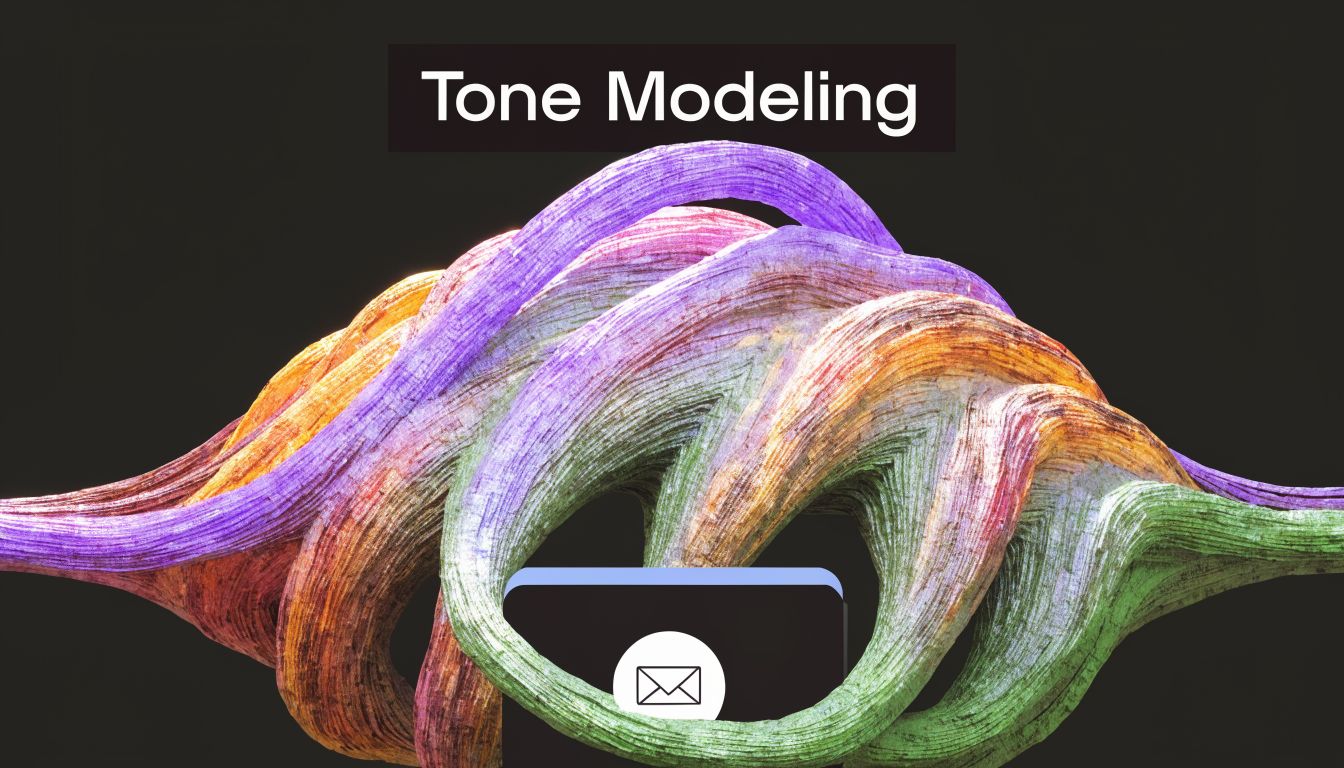 A digital art illustration of swirling, textured, multicolored ribbons forming a loop around a stylized email icon.