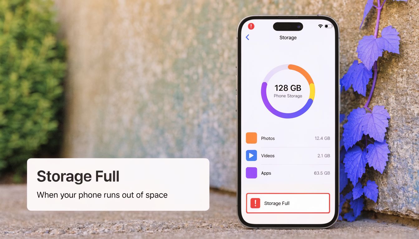 A smartphone display showing a storage full notification with a circular breakdown of apps, photos, and videos usage.