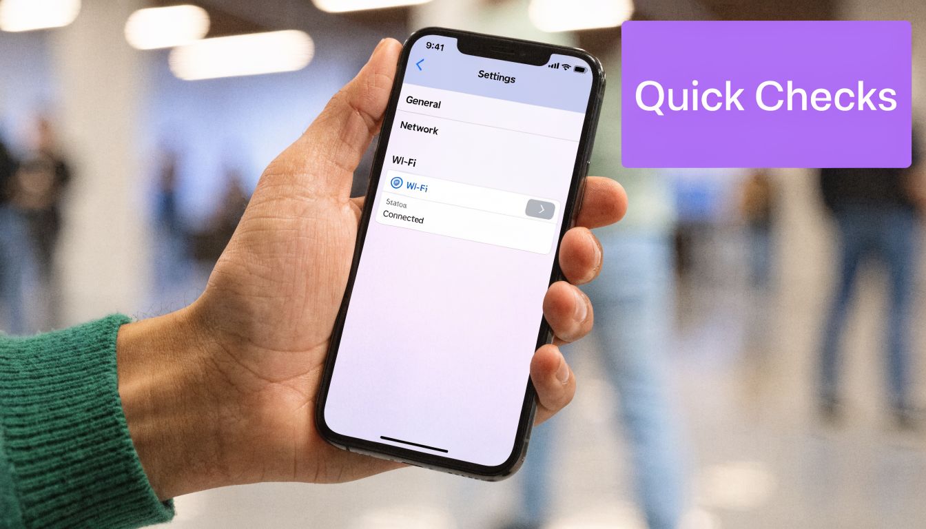 A person holding an iPhone displaying Wi-Fi settings in the smartphone's interface for troubleshooting connectivity issues.