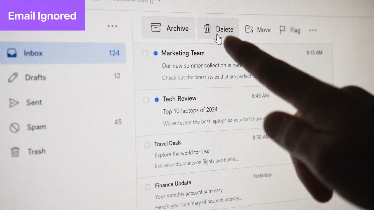 A person selecting the delete button on a computer screen displaying an email inbox interface.