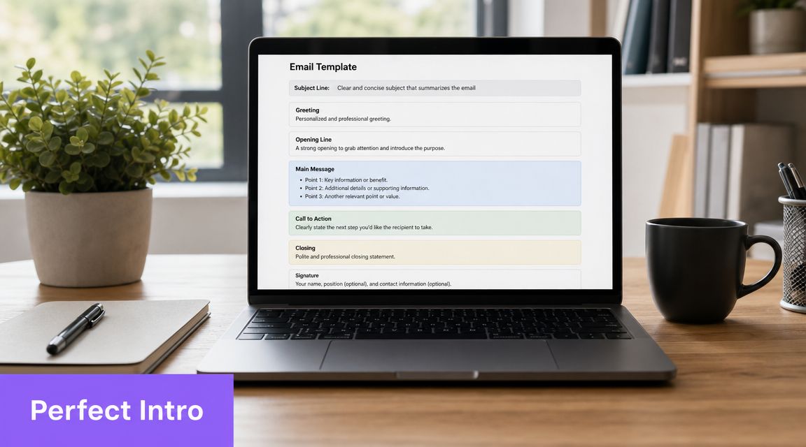 A laptop on a wooden desk displaying an email template with structured sections for professional communication.