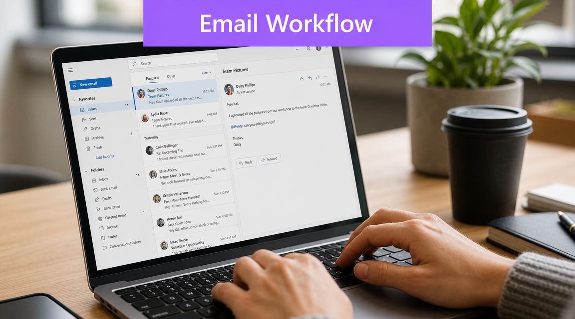 A person typing on a laptop screen showing an email inbox application on a wooden desk.