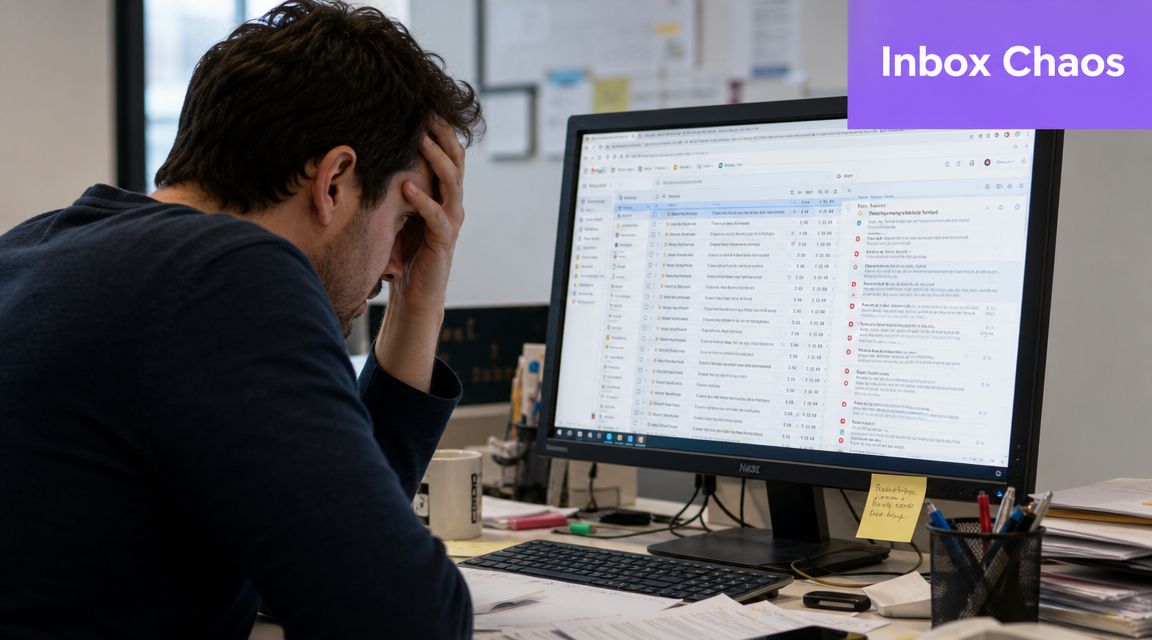 A stressed man sitting at his desk looking at an overflowing email inbox on a computer screen.
