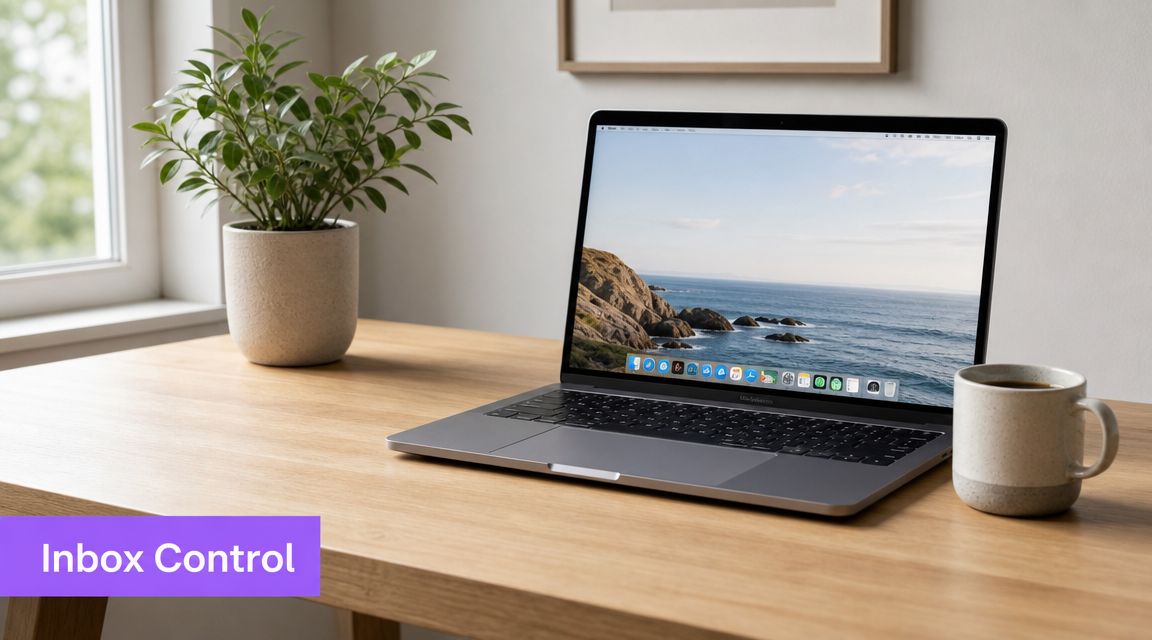 A modern laptop on a wooden desk next to a potted plant and a coffee mug.