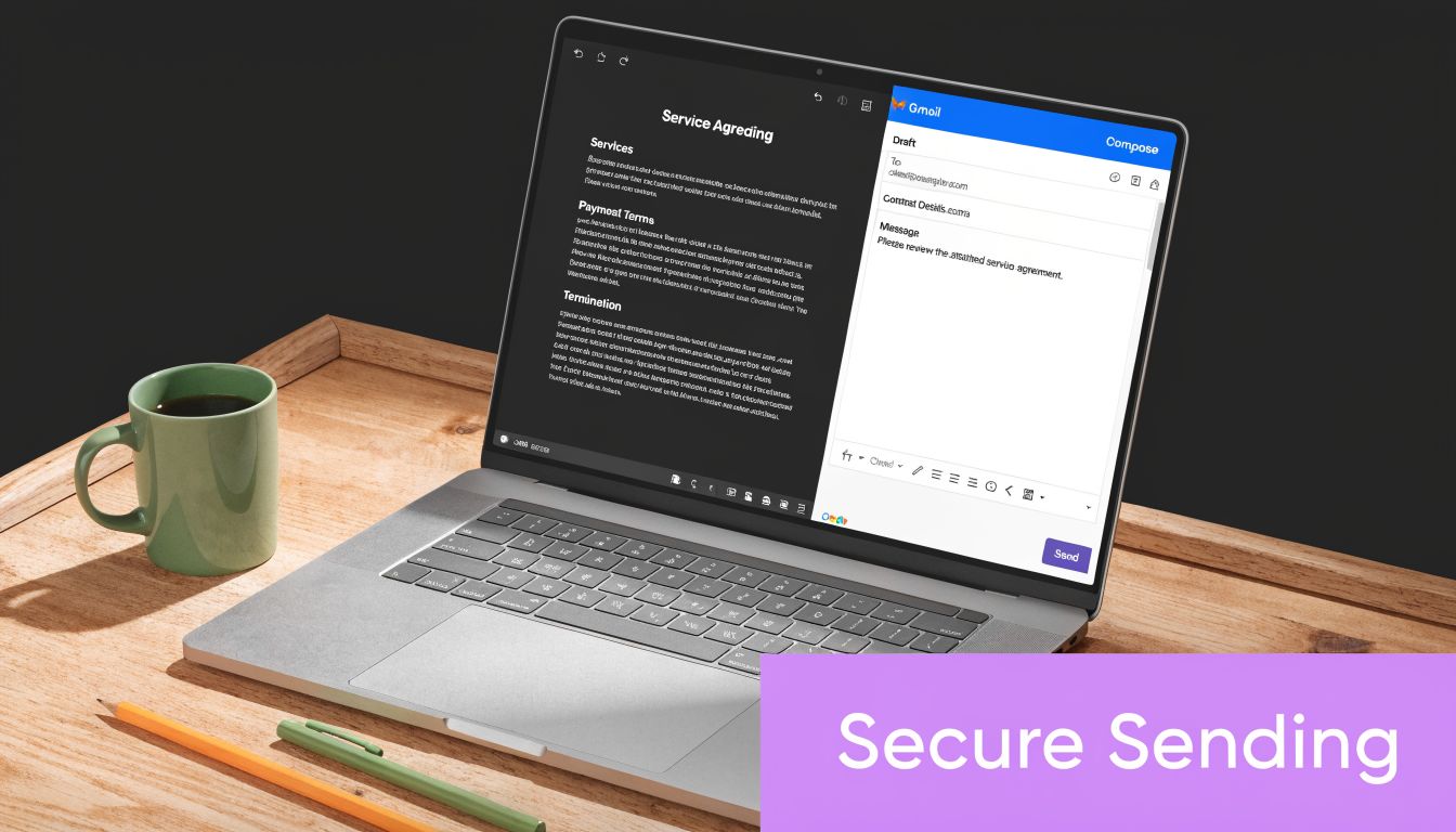 A laptop on a wooden desk displaying an email draft of a service agreement with secure sending.