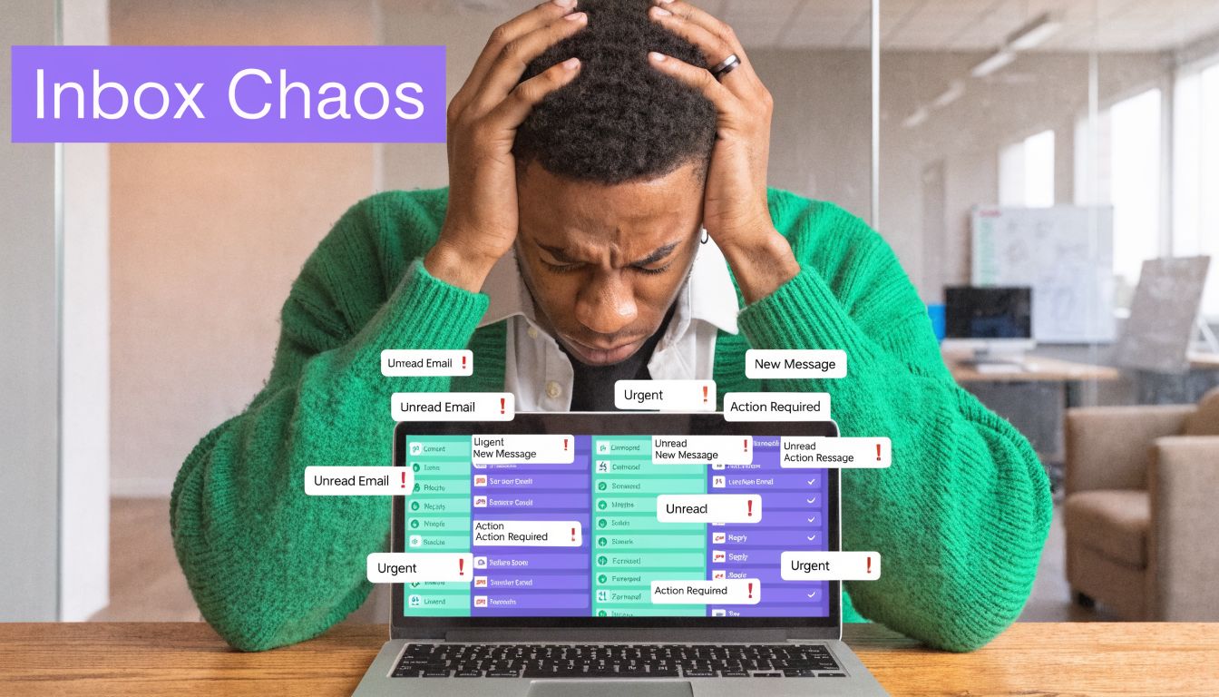 A person feeling stressed and overwhelmed while looking at an email inbox cluttered with notifications on a laptop.